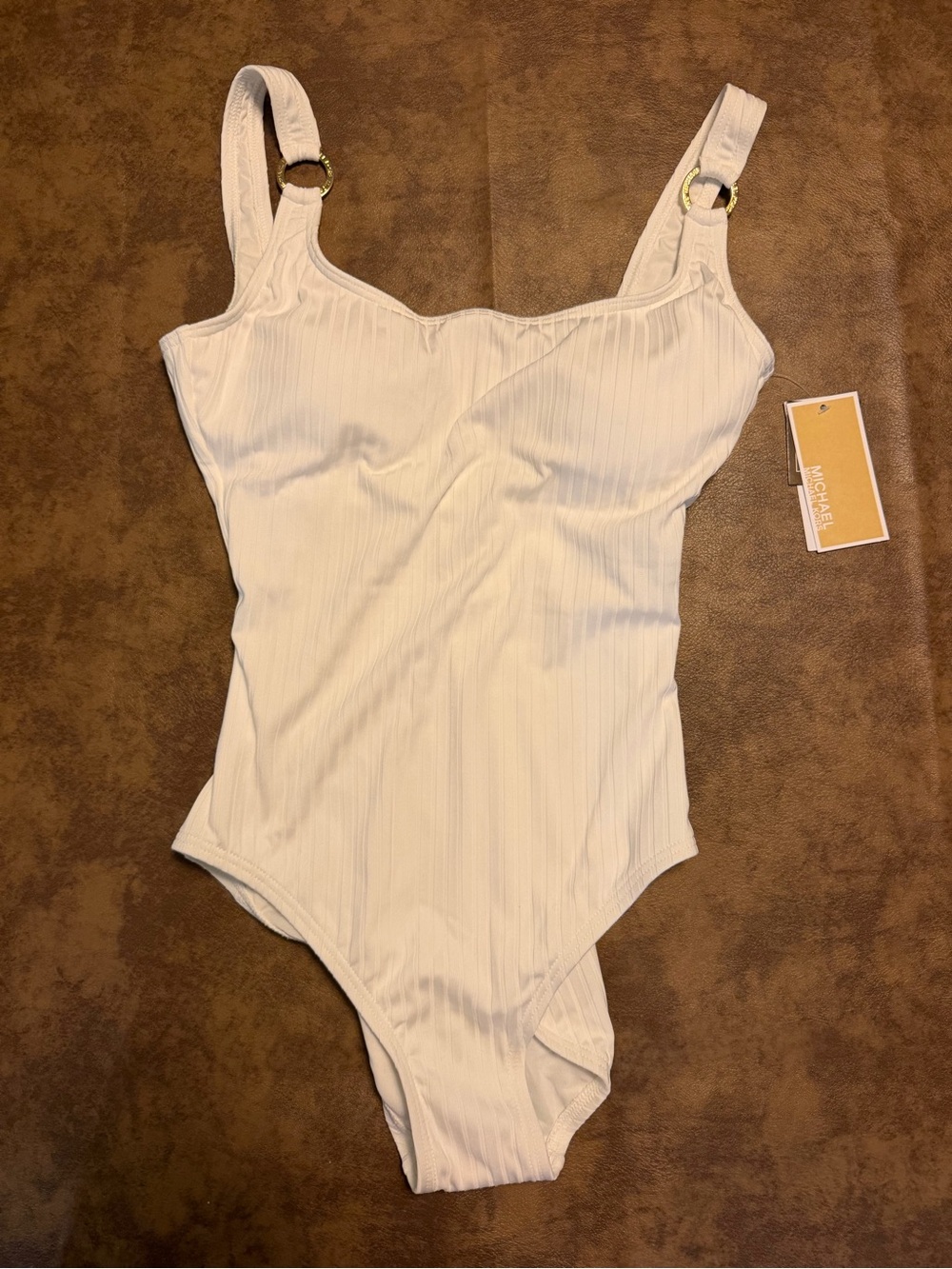 Michael Kors Cream Ribbed One-Piece Swimsuit with Gold Rings